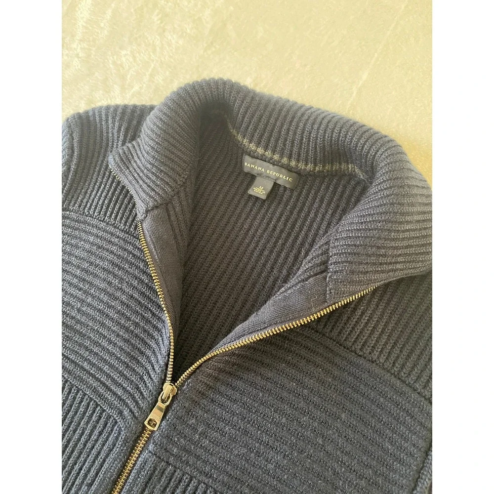 Banana Republic Mens M Wool Blend Ribbed Full Zip Sweater Jacket Navy Blue